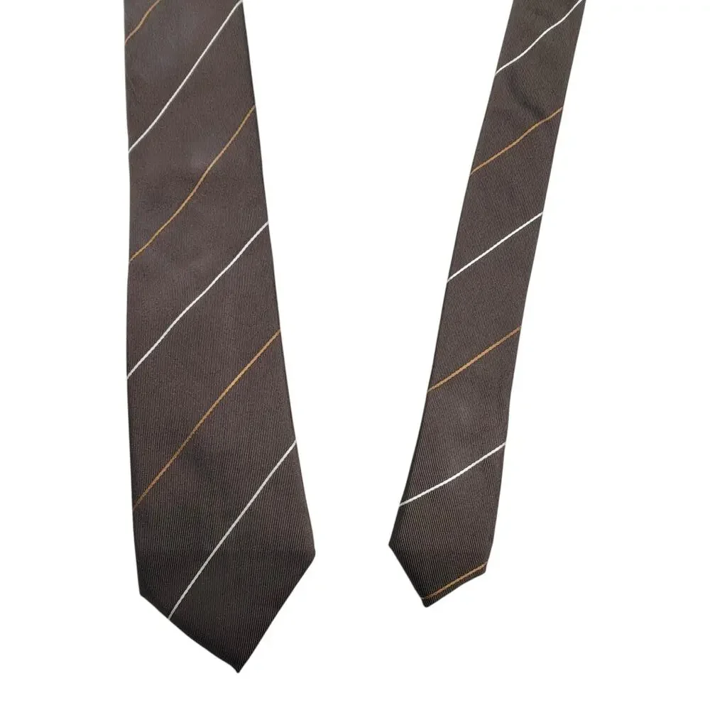 BOSS Hugo Boss Mens Tie Brown White Gold Striped Silk Made in Italy